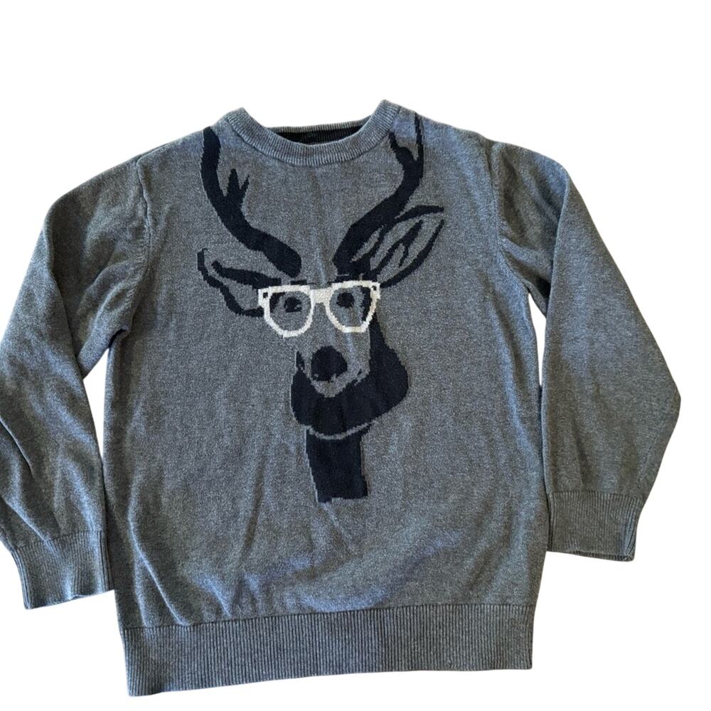 Old Navy Boys 6/7 Gray Deer Glasses Graphic Knit Sweater Woodland Holiday Gray